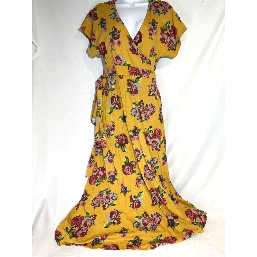 Matilda Jane Wrap Dress Butter Yellow Floral Cotton Knit Maxi‎ Sz S Cottage boho